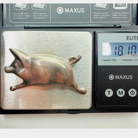 Vintage MCM Studio Sterling Silver Repoussé Figural Pig Brooch Pendant, Unsigned - Picture 6 of 7